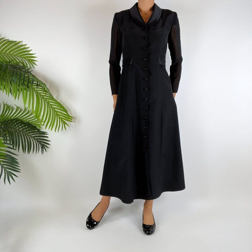 Vintage 90s Soft Grunge Black Classy Elegant Modest Formal Midi Dress / Size: 2P